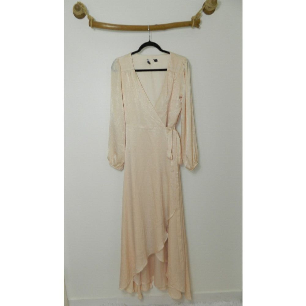 Lulu's Dress Endless Moments Light Peach Satin Long Sleeve Wrap Maxi Medium
